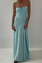 Vintage Satin Spaghetti Strap Ruched High Slit Prom Gowns