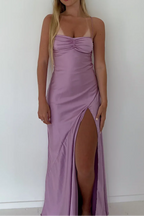 Vintage Satin Spaghetti Strap Ruched High Slit Prom Gowns
