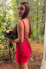 red spaghetti straps tight homecoming dress