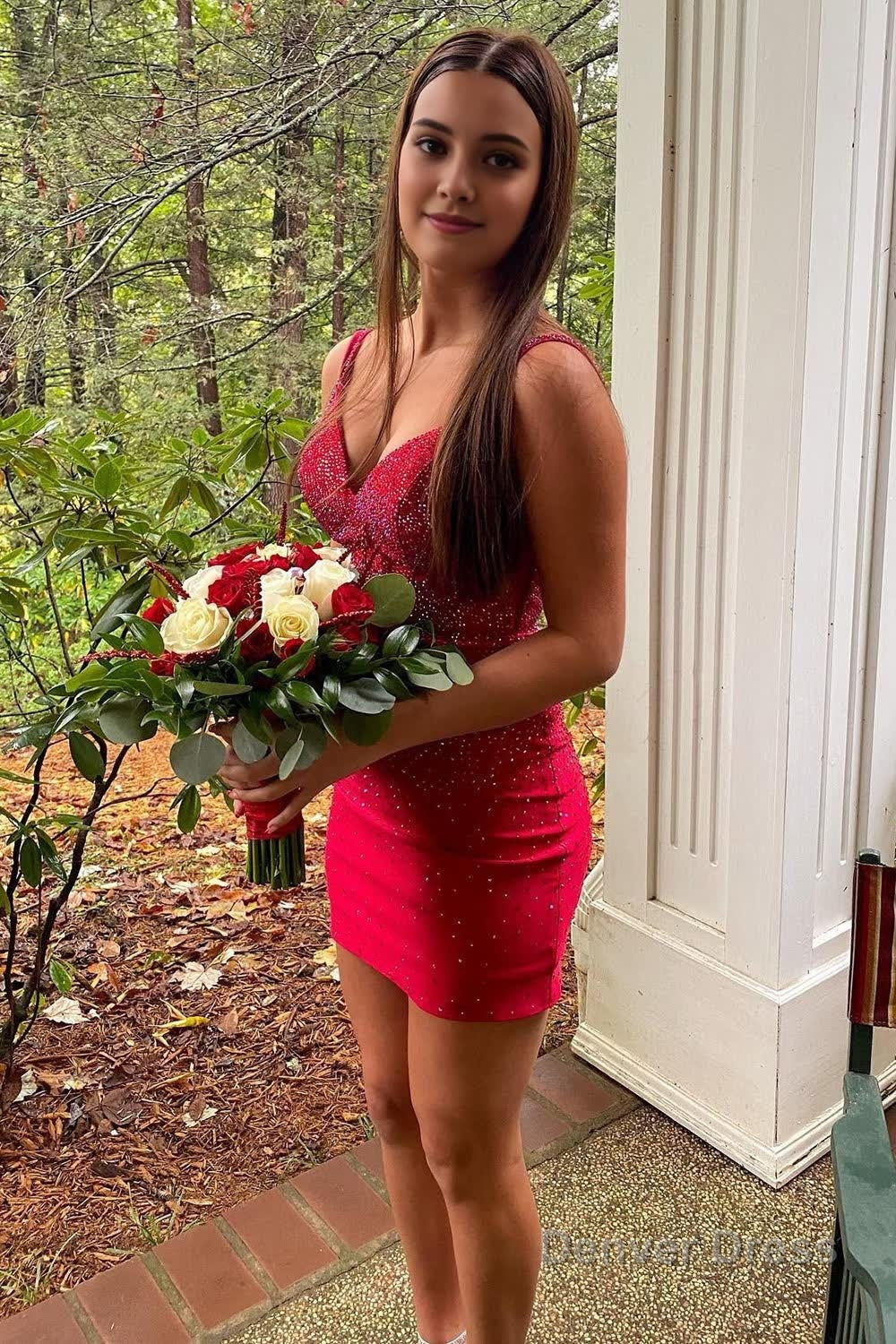 Red Spaghetti Straps Tight Homecoming Dresses