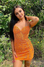 Red Spaghetti Straps Tight Short Homecoming Dresses with Appliques