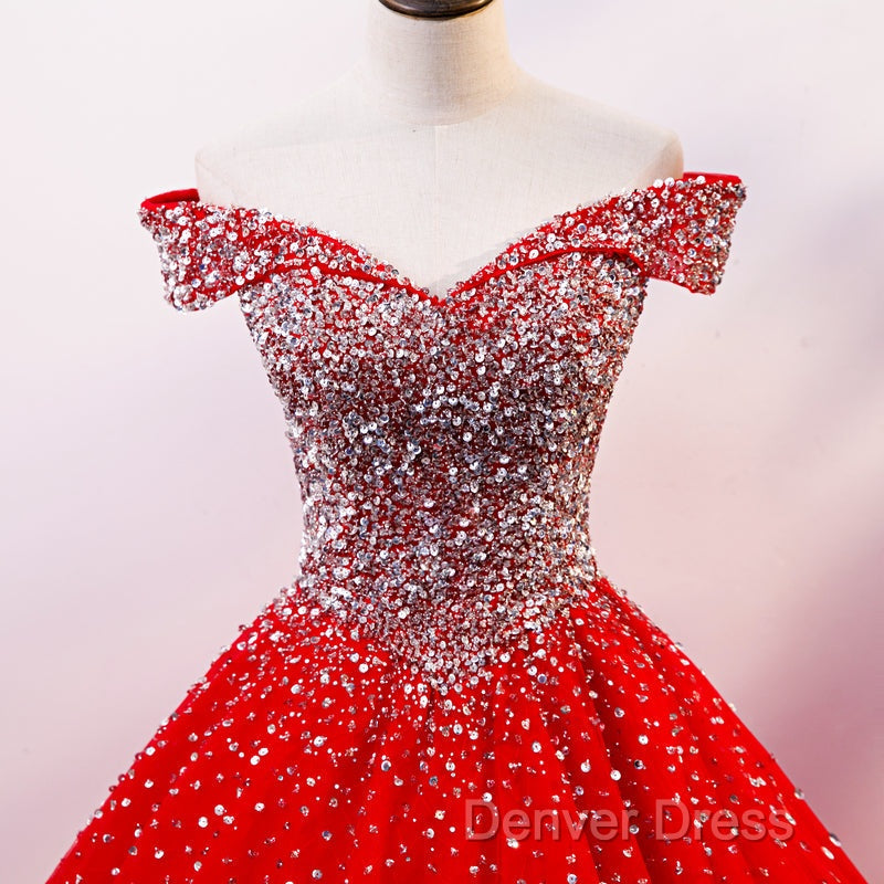 Red Sparkle Tulle Sweetheart Prom Dress, Shiny Sweet 16 Dresses