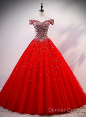 Red Sparkle Tulle Sweetheart Party Dress, Shiny Sweet 16 Dresses