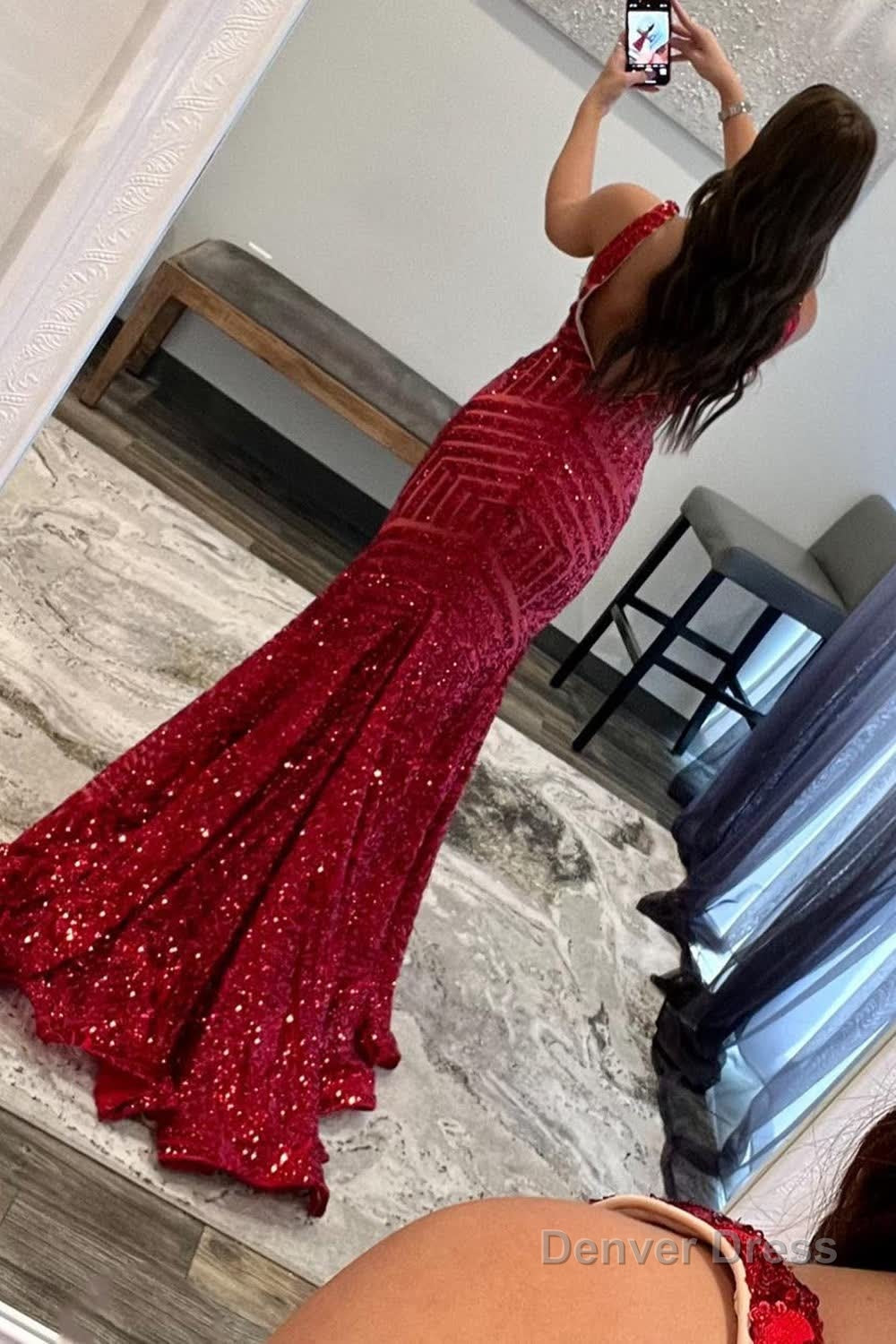 Red Sparkly Deep V Neck Sequin Mermaid Prom Dress Secondary image
