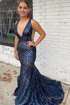 Red Sparkly Deep V Neck Sequin Mermaid Prom Dresses
