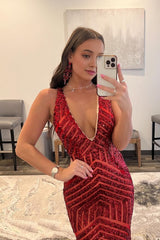 red sparkly deep v neck sequin mermaid prom dress