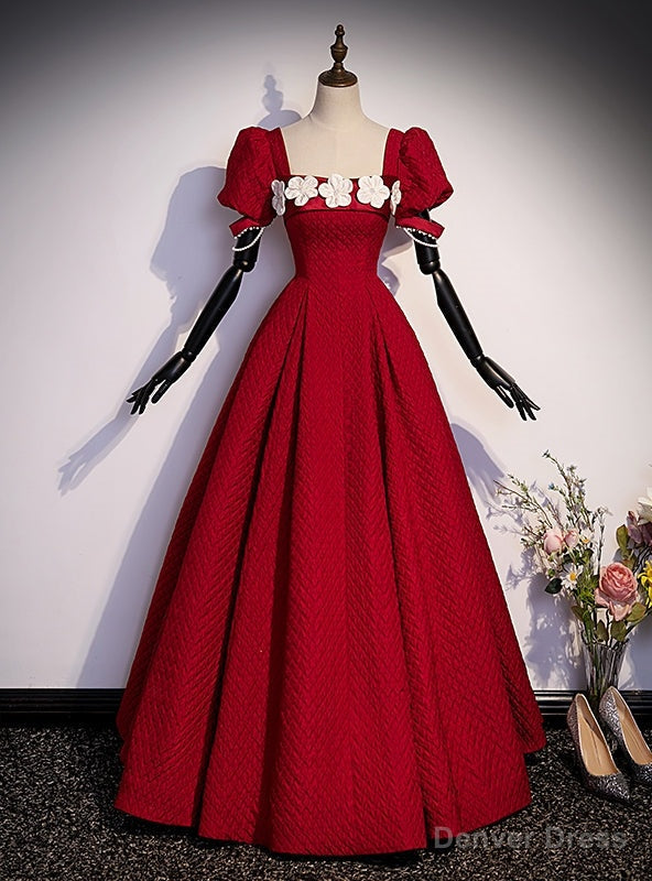 Red Square Puff Sleeve Flower Prom Dresses Main image