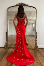 Red Strapless Mermaid Long Prom Dresses with Stars