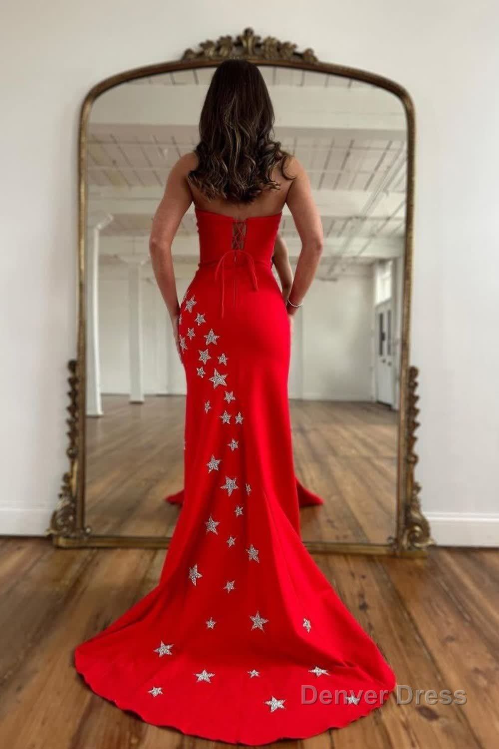 Red Strapless Mermaid Long Prom Dresses with Stars