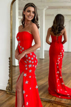 Red Strapless Mermaid Long Prom Dresses with Stars