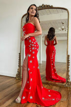 Red Strapless Mermaid Long Prom Dresses with Stars