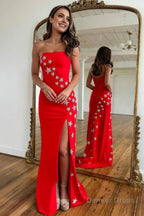 Red Strapless Mermaid Long Prom Dresses with Stars