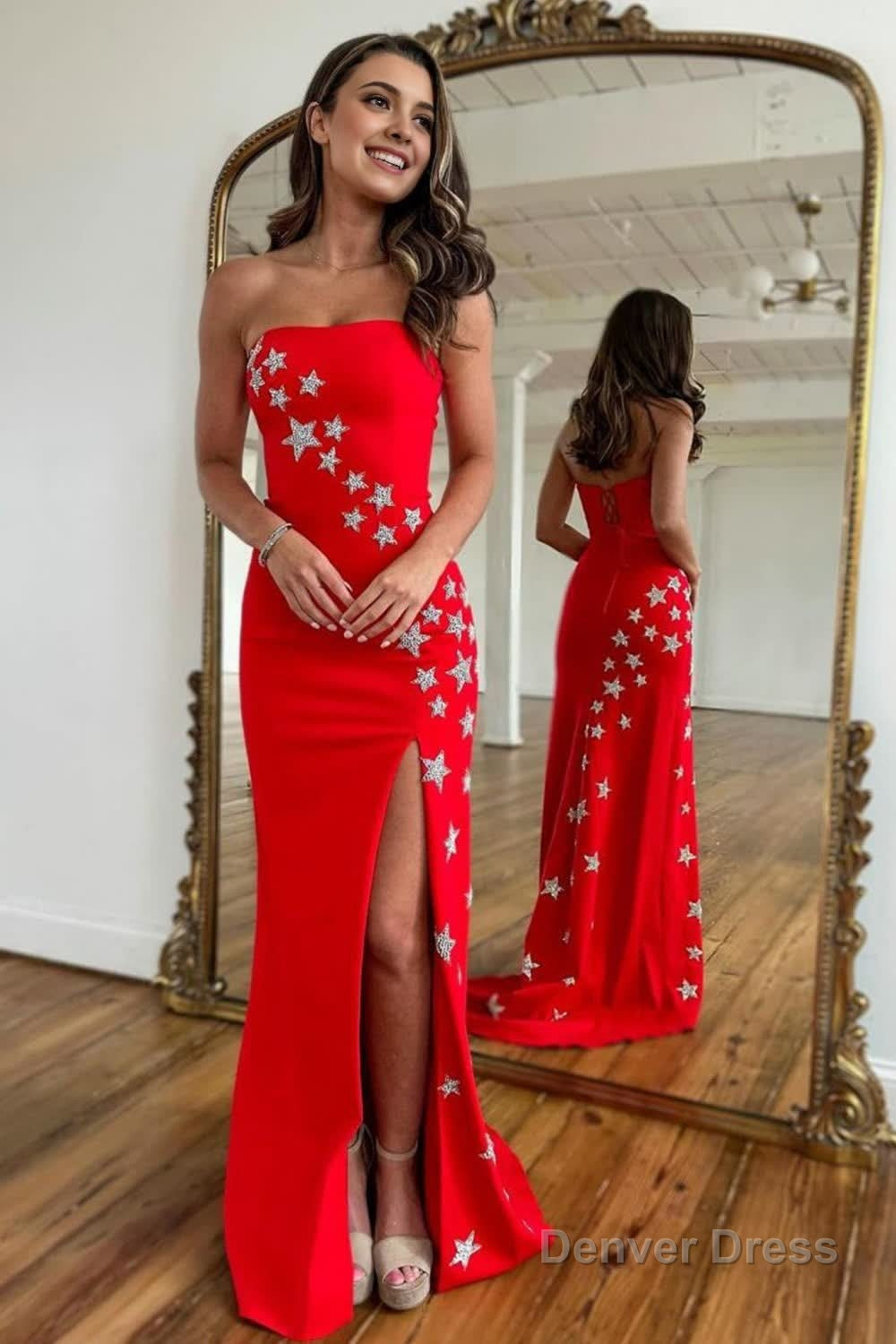Red Strapless Mermaid Long Prom Dresses with Stars