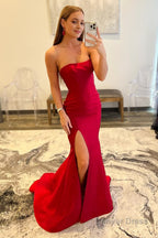 Red Strapless Mermaid Prom Dresses With Slit
