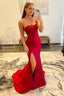Red Strapless Mermaid Prom Dresses With Slit