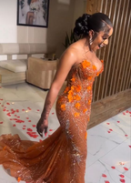 Gorgeous Orange Beaded Applique Mermaid Prom Dress Long Prom Dresses