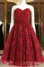 Red Sweetheart Knee Length Homecoming Dresses Lace Cocktail Dresses