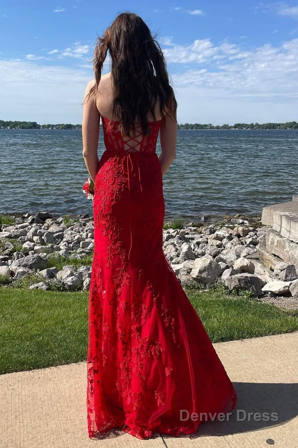 Red Sweetheart Lace-Up Long Mermaid Prom Dress with Appliques Secondary image