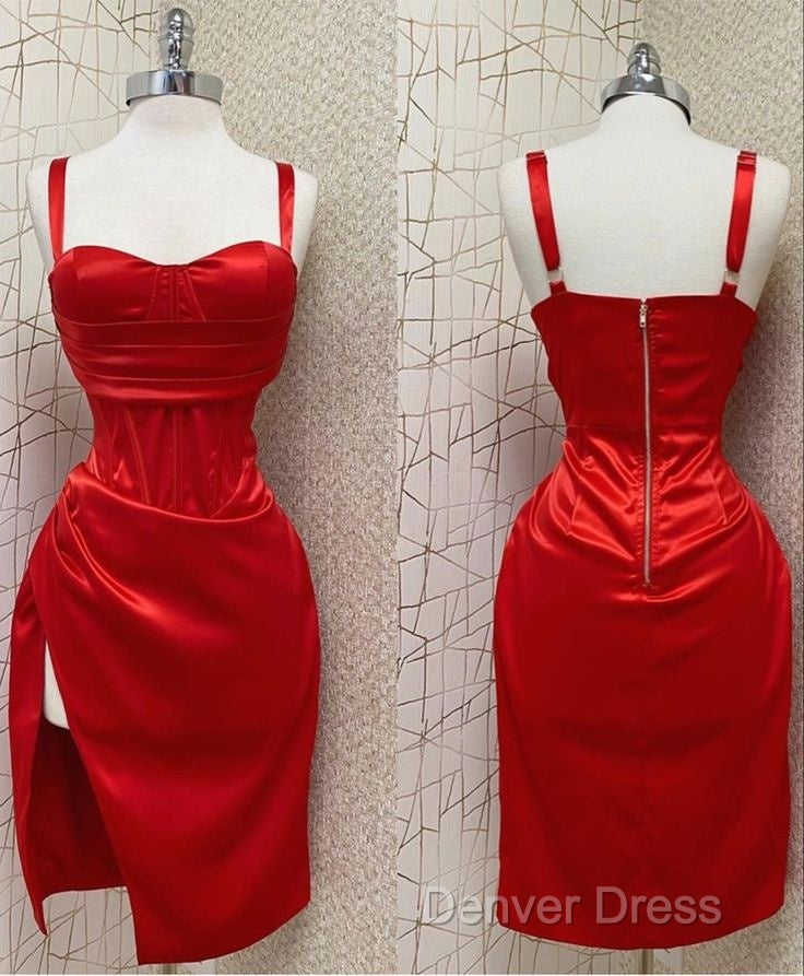 Red Sweetheart Neckline Slit Homecoming Dress Midi Prom Dresses