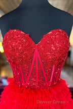 Red Sweetheart Sequins Top Multi Layers Long Prom Dress,Tiered Prom Dresses