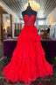 Red Sweetheart Sequins Top Multi Layers Long Prom Dress,Tiered Prom Dresses