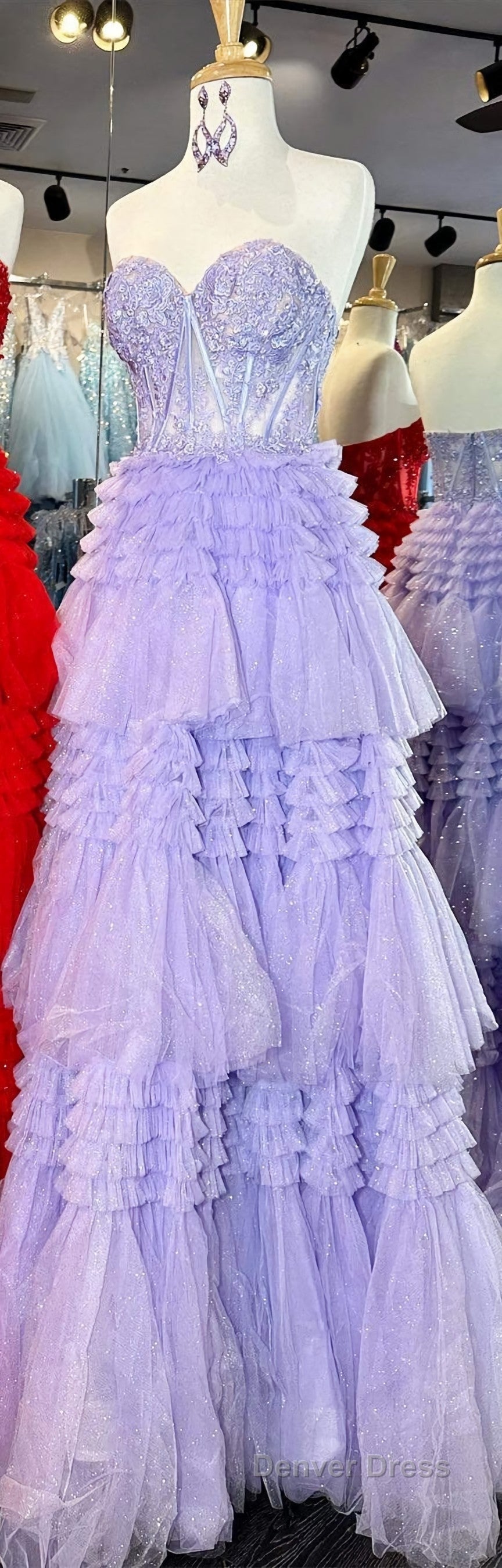 Red Sweetheart Sequins Top Multi-Layers Long Prom Dresses,Tiered Formal Dresses