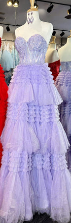 Red Sweetheart Sequins Top Multi Layers Long Prom Dress,Tiered Prom Dresses