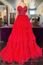 Red Sweetheart Sequins Top Multi-Layers Long Prom Dresses,Tiered Formal Dresses