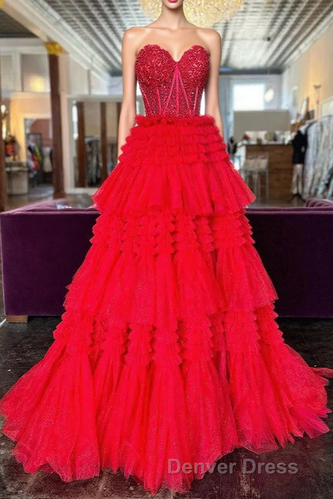 Red Sweetheart Sequins Top Multi-Layers Long Prom Dresses,Tiered Formal Dresses