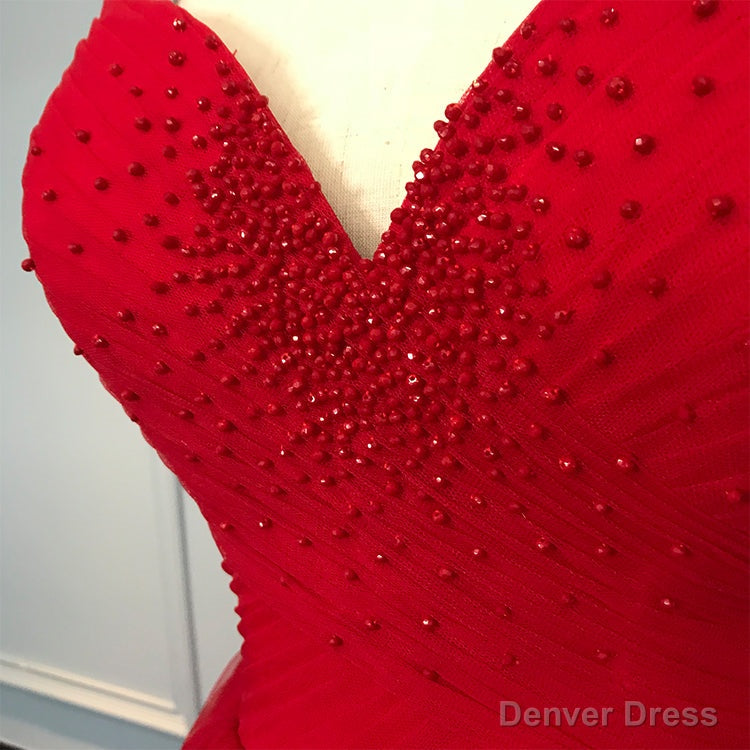 Red Sweetheart Straps Long Ball Gowns Prom Dress, Red Tulle Prom Dresses