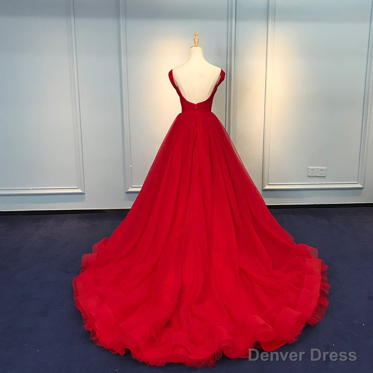 Red Sweetheart Straps Long Ball Gowns Prom Dress, Red Tulle Prom Dresses