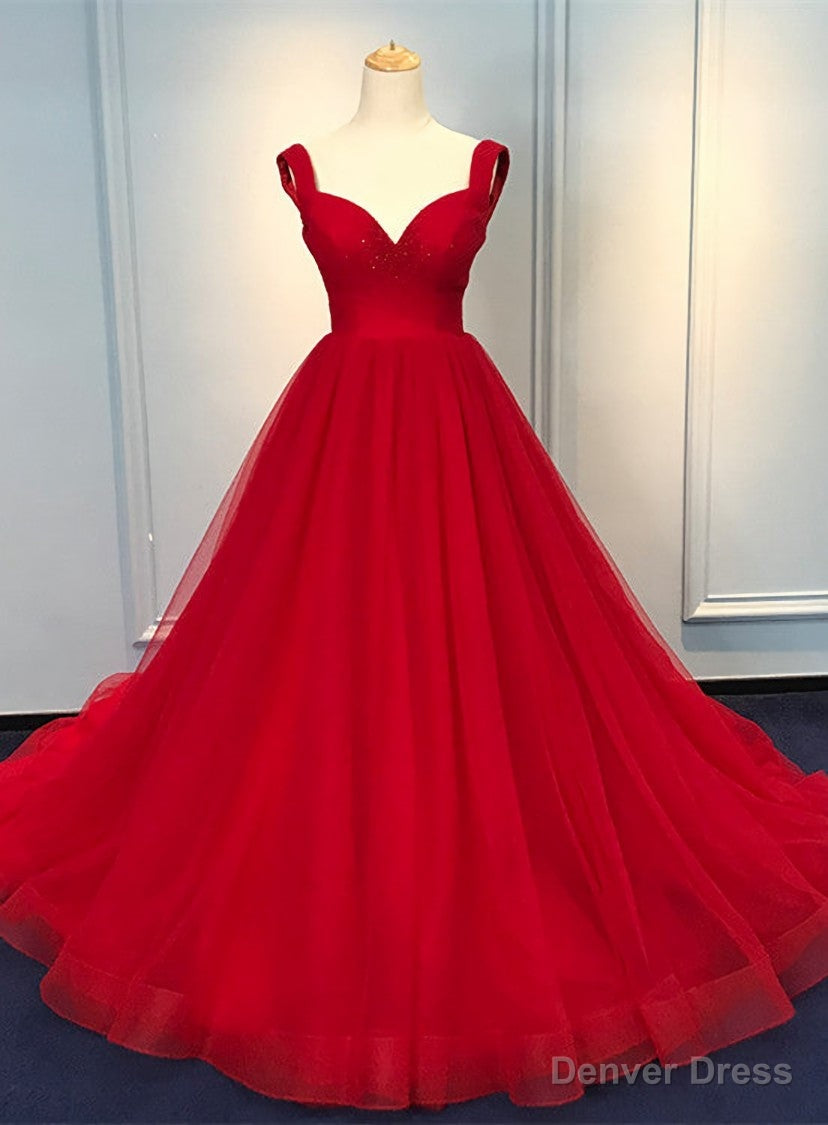 Red Sweetheart Straps Long Ball Gowns Prom Dress, Red Tulle Prom Dresses