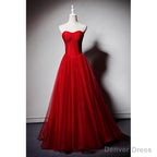 Red Sweetheart Tulle Ball Gowns Floor Length Prom Dress, Red Tulle Prom Dress