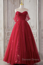 Red Sweetheart Tulle Long Beautiful Prom Dresses, Wine Red Party Dresses Evening Gown