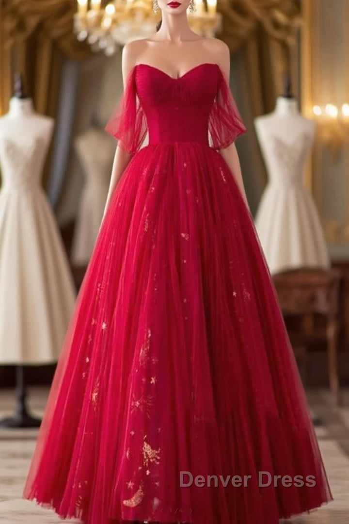 Red Sweetheart Tulle Long Beautiful Prom Dresses, Wine Red Party Dresses Evening Gown Main image
