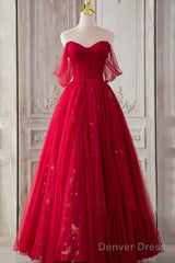 Red Sweetheart Tulle Long Beautiful Prom Dresses, Wine Red Party Dresses Evening Gown