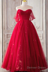 Red Sweetheart Tulle Long Formal Dress, Red Off Shoulder Party Dress Prom Dress
