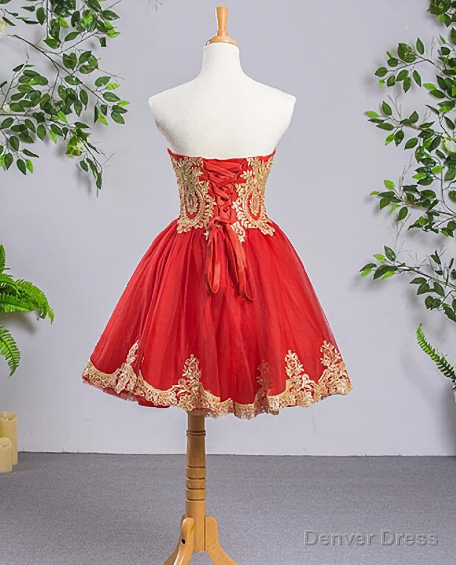 Red Sweetheart Tulle Short Homecoming Dress with Gold Applique, Short Prom Dresses