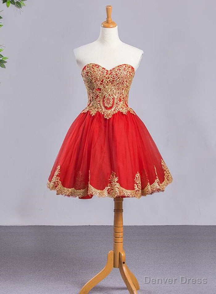 Red Sweetheart Tulle Short Homecoming Dress with Gold Applique, Short Prom Dresses Main image
