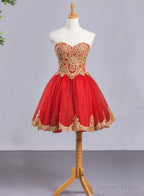 Red Sweetheart Tulle Short Homecoming Dress with Gold Applique, Short Prom Dresses