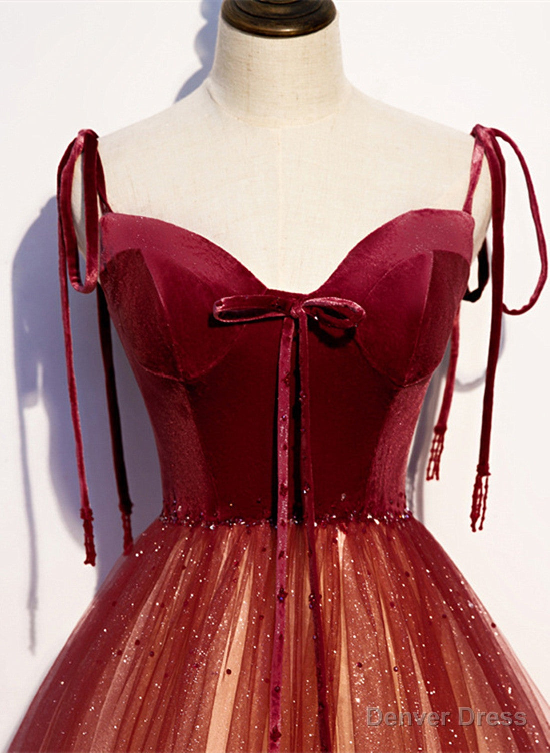 Red Sweetheart Velvet and Tulle Straps Long Prom Dress, Gradient Tulle A Line Prom Dresses