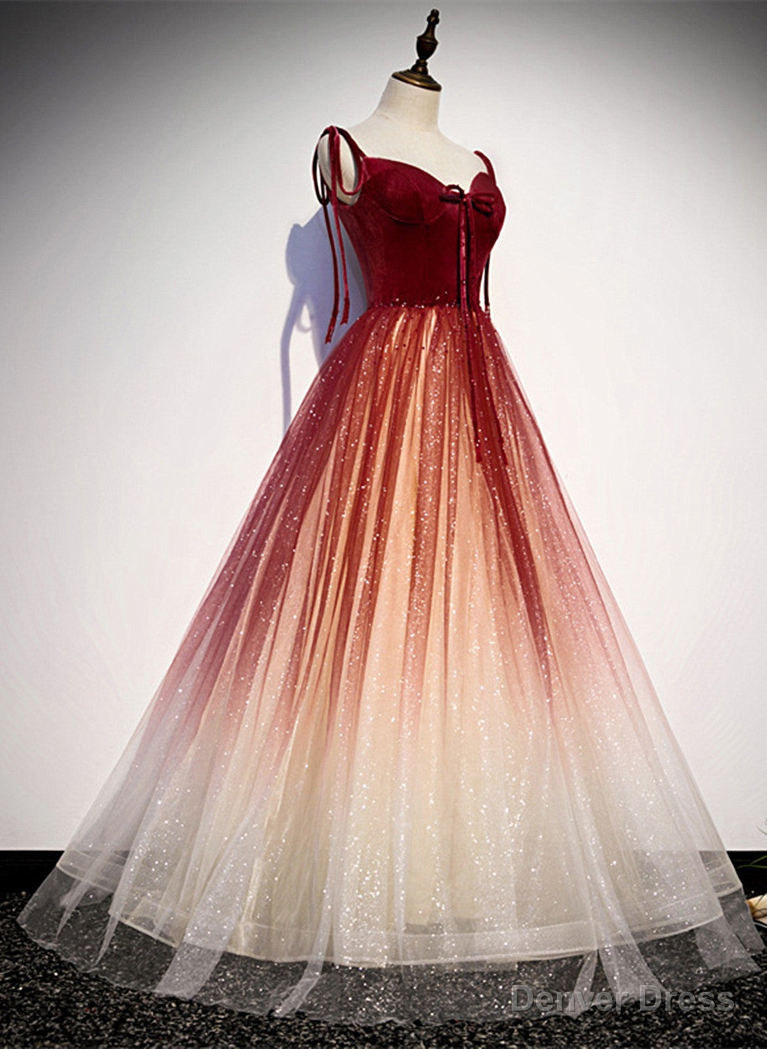Red Sweetheart Velvet and Tulle Straps Long Prom Dress, Gradient Tulle A Line Prom Dresses Main image