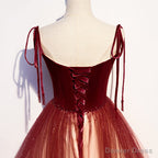 Red Sweetheart Velvet and Tulle Straps Long Prom Dress, Gradient Tulle A Line Prom Dresses