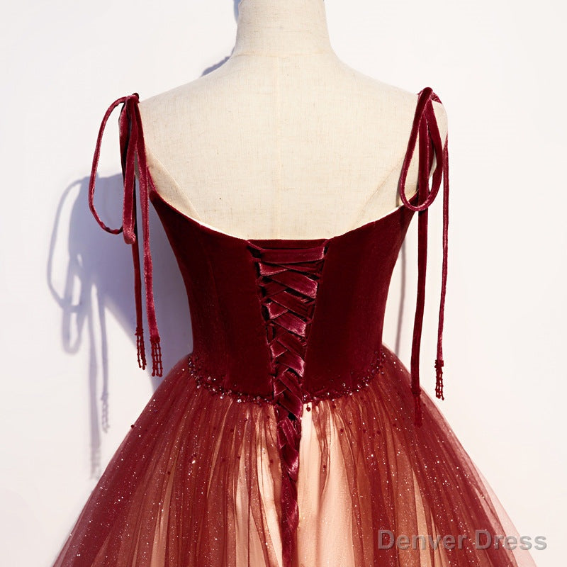 Red Sweetheart Velvet and Tulle Straps Long Prom Dress, Gradient Tulle A Line Prom Dresses