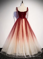 Red Sweetheart Velvet and Tulle Straps Long Prom Dress, Gradient Tulle A Line Prom Dresses