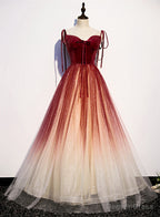 Red Sweetheart Velvet and Tulle Straps Long Prom Dress, Gradient Tulle A Line Prom Dresses
