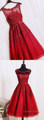 Red Tea Length Round Homecoming Dresses, Lace Applique Red Party Dresses, Vintage Style Prom Dresses