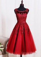 Red Tea Length Round Homecoming Dress, Lace Applique Red Prom Dress, Vintage Style Prom Dresses