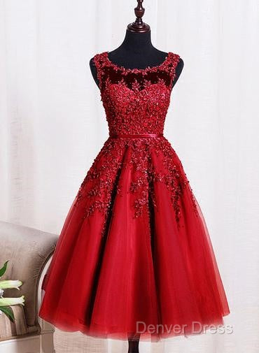 Red Tea Length Round Homecoming Dress, Lace Applique Red Prom Dress, Vintage Style Prom Dresses