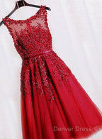 Red Tea Length Round Homecoming Dress, Lace Applique Red Prom Dress, Vintage Style Prom Dresses